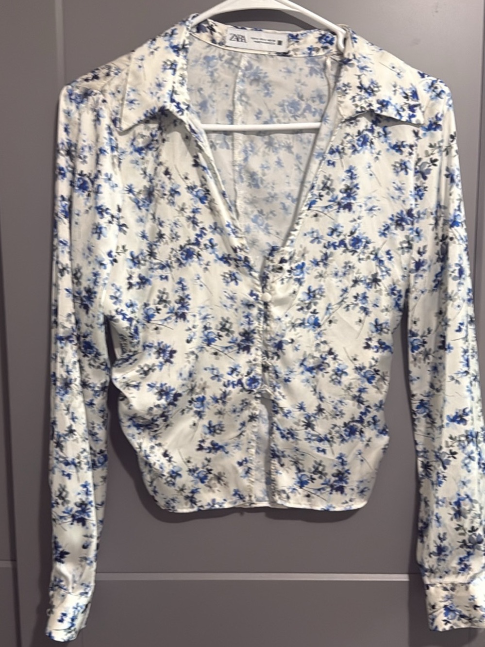 Zara Cream Blouse with Light Blue Floral Pattern